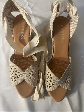 Miz Mooz Cream Lace Espadrille Wedge Sandals with Ankle Wraps